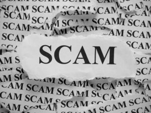 torn pieces of paper with the word scam