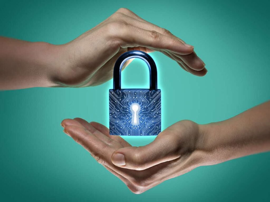two hands and lock icon cybersecurity concept