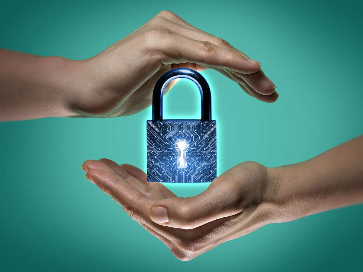 two hands and lock icon cybersecurity concept