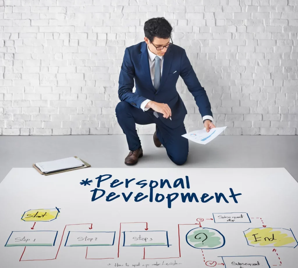 Person Kneeling Holding Paper with Label Personal Development