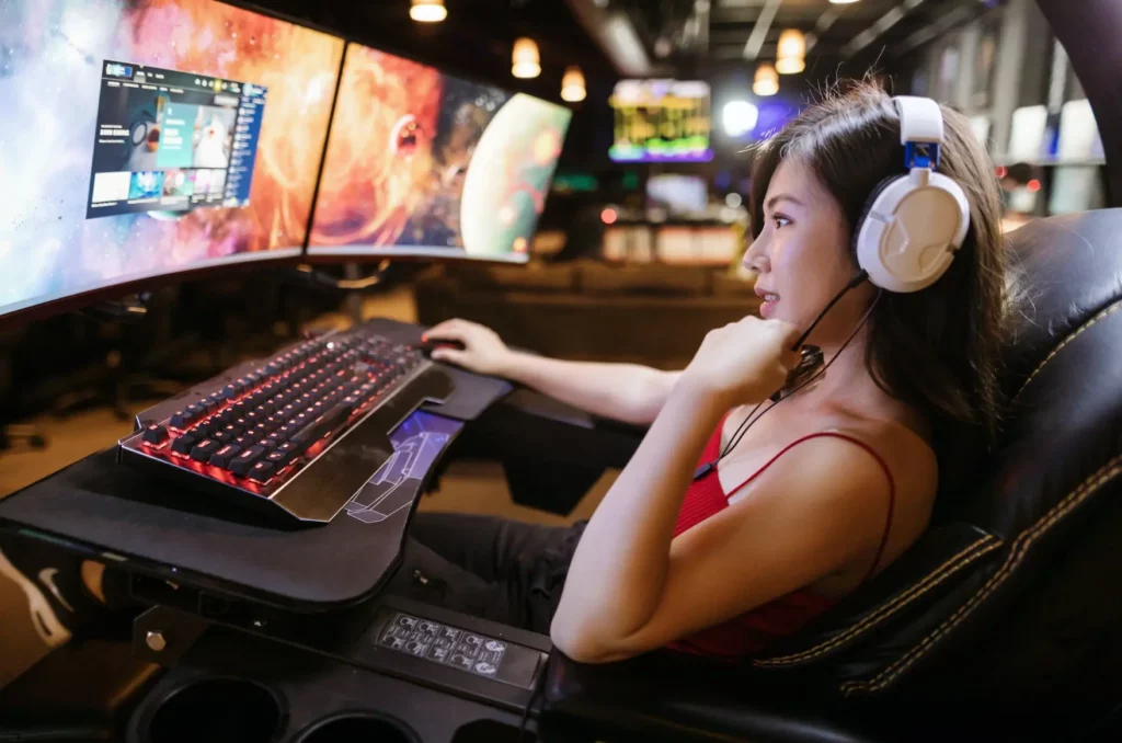 woman playing modern video game