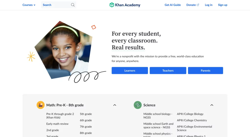 Screenshot of Khan Academy Home Page