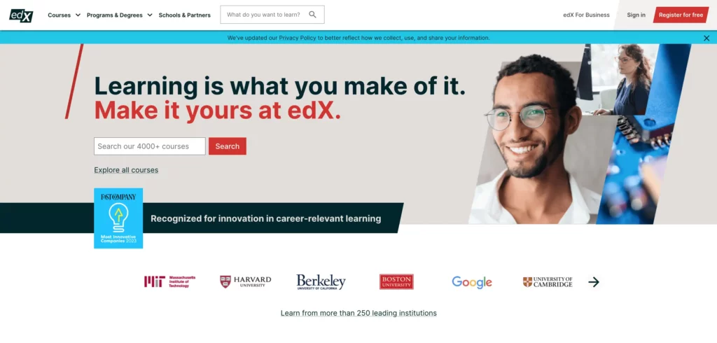 Screenshot of edX Home Page