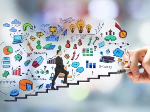 a man climbing a ladder with career development art symbols