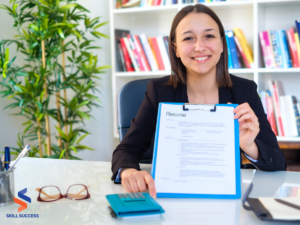 A woman holding a resume with Microsoft skills