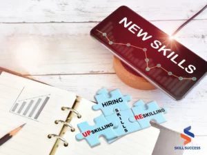 puzzle pieces with words upskill, reskill and hire