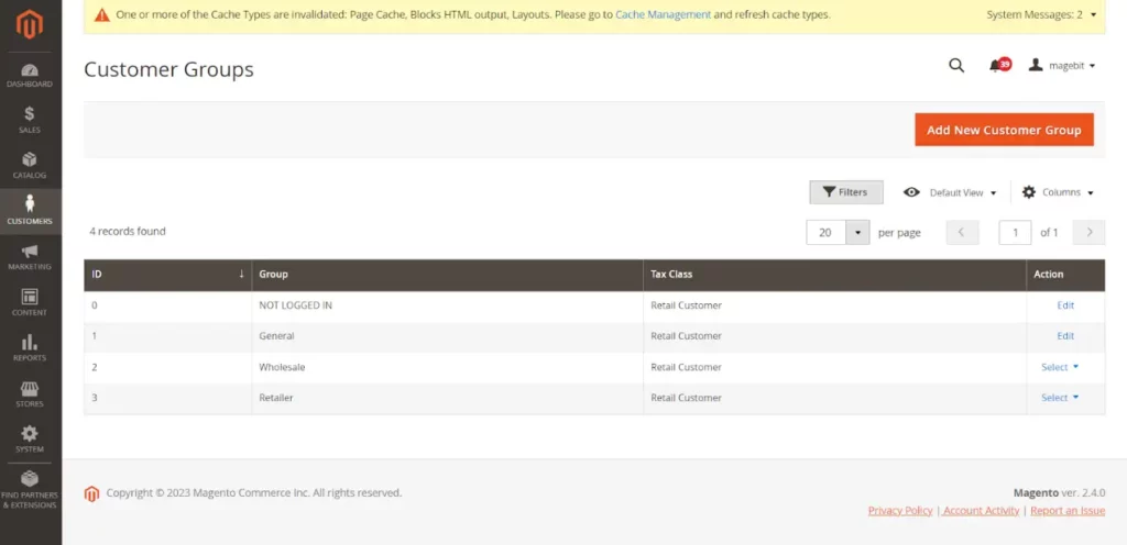 Screenshot of Customer Group Configuration in Magento