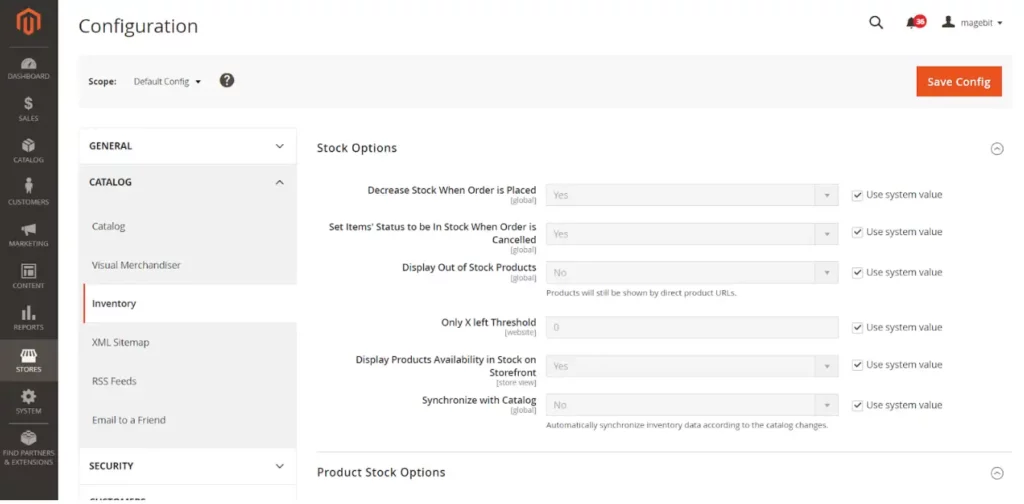 Screenshot of Magento Configuration for Inventory