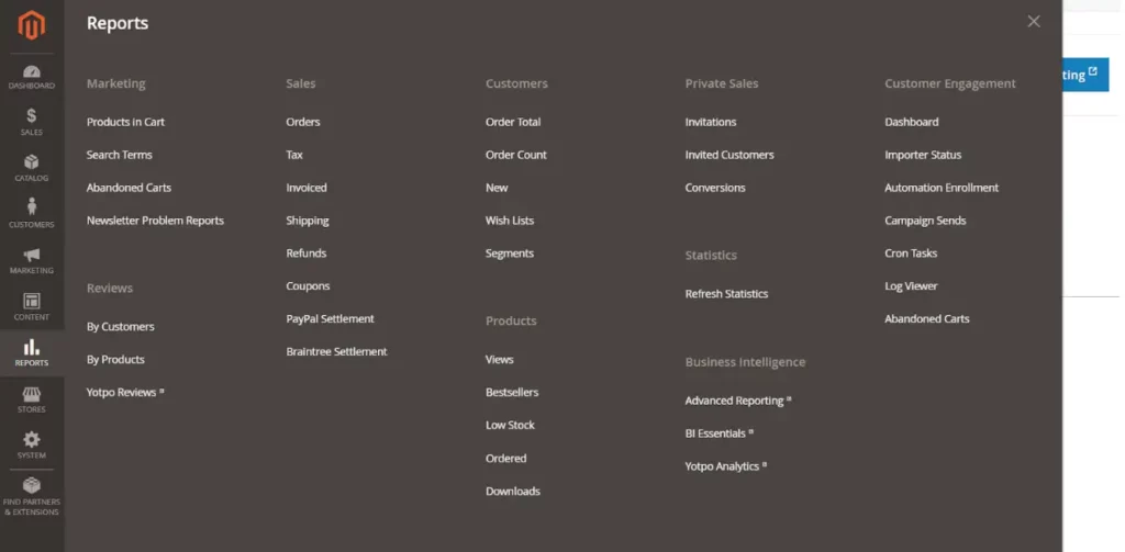 Screenshot of Reports Section in Magento Dashboard