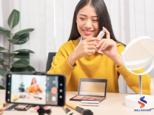 a female microinfluencer showing some cosmetics in front of her phone camera