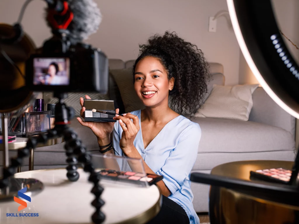 a microinfluencer in front of a phone camera shooting a content at home