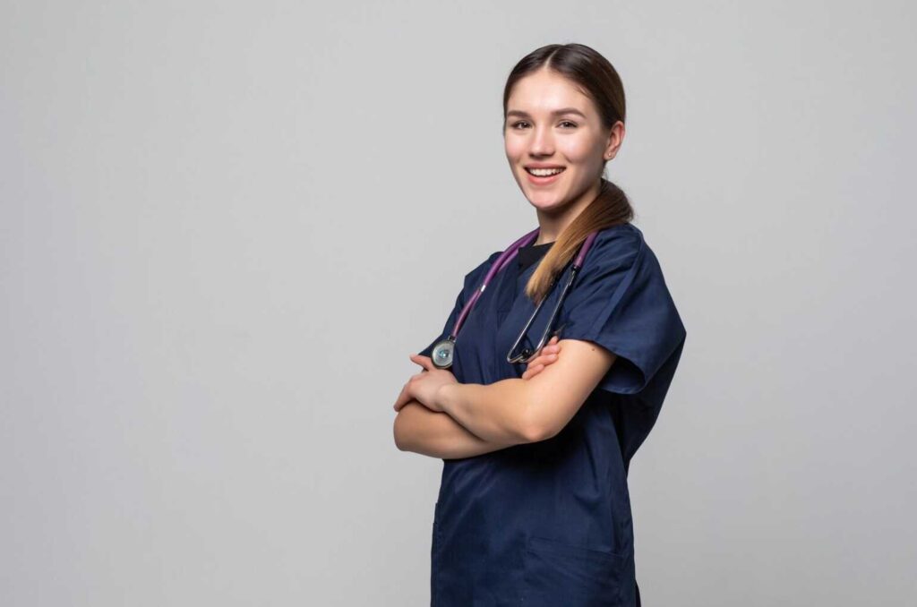 nurse wearing blue scrubs
