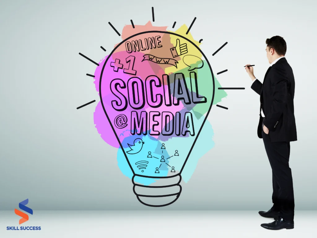 an illustration of a bulb with a word social media written at the center