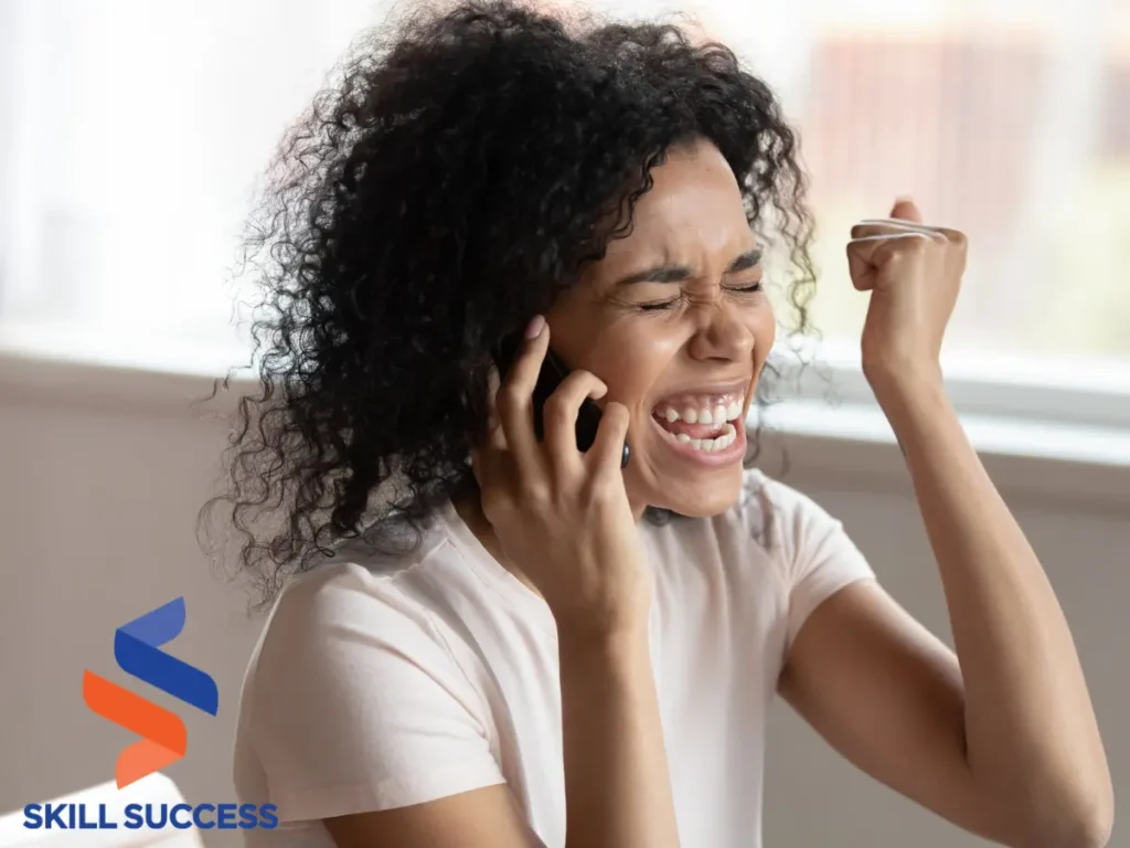 A woman engaged in a phone conversation, contemplating a career change at the age of 35