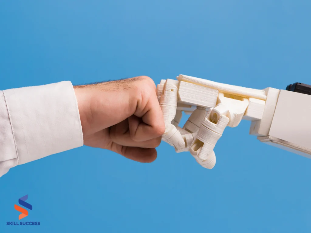 robot hand holding a human hand against a blue background symbolizing AI in education