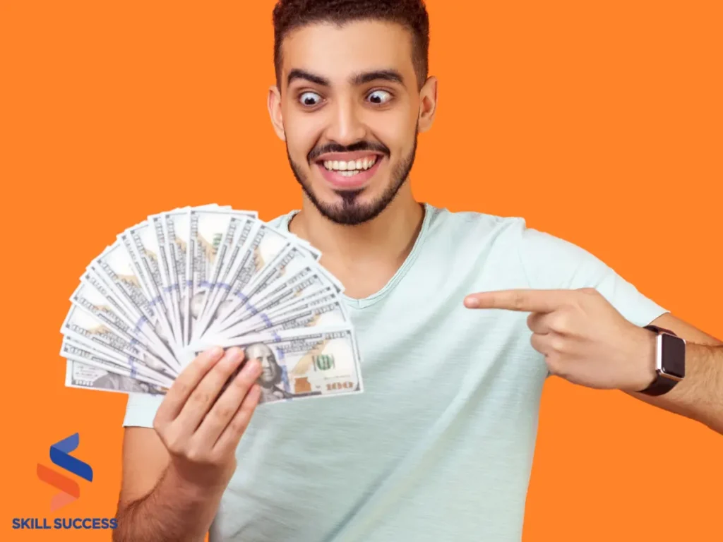 A man proudly displays a handful of cash, symbolizing success in his Fiverr freelance endeavors