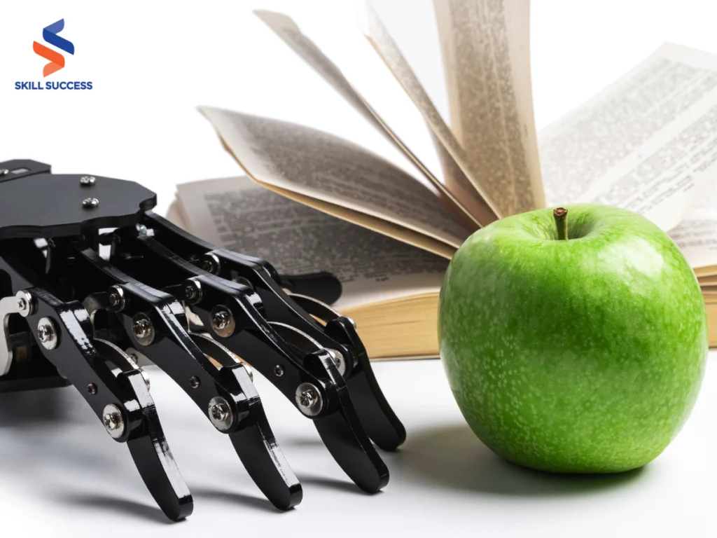 robot arm holding apple next to book symbolizing AI in education