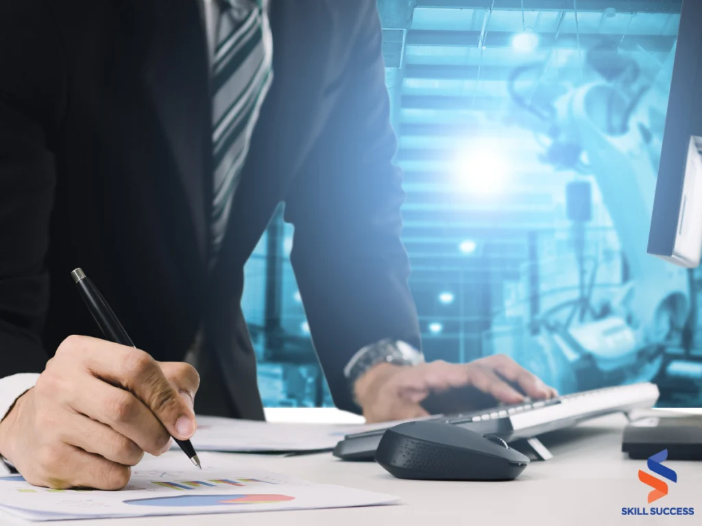 A professional man in a suit is writing on a paper with a pen in his hand, focusing on the task at hand. Relevant to AI in insurance.