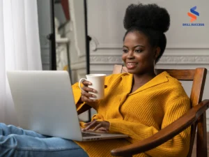 a woman seated with a laptop researching best side hustles 2024