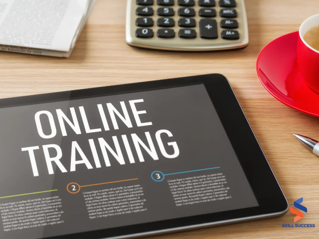 a tablet pc with words online corporate training programs