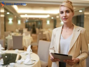 a female event planner holding a folder with events listed