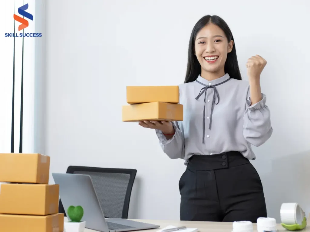 A woman is holding a box to be shipped. she is a seller in Amazon, FBA and Ebay.