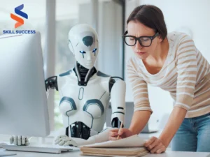 a woman and a robot interacting in an office