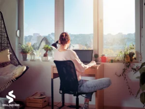 a calm woman working remotely