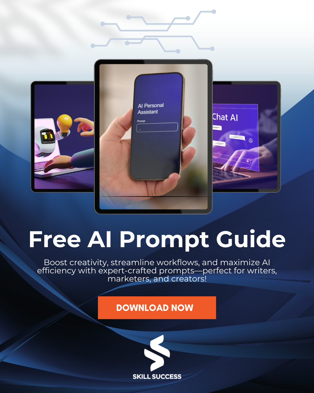 A photo showing "free AI prompt guide" as a call to action