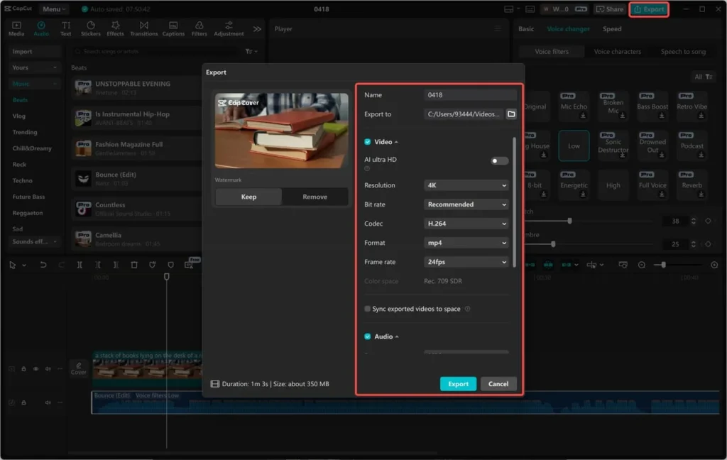 Screenshot of CapCut showing how to export and share