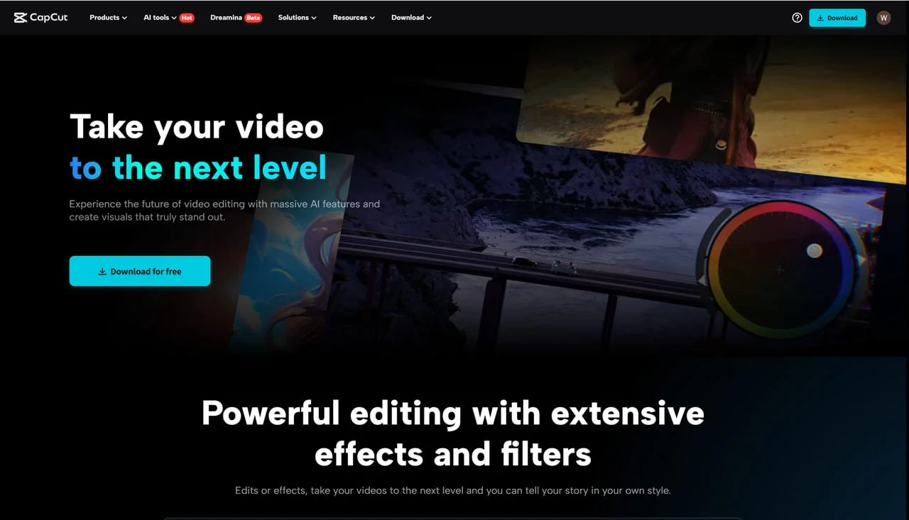 screenshot of CapCut homepage