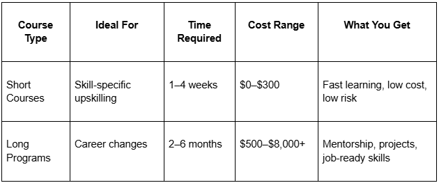 A table showing the comparison between short courses and long programs