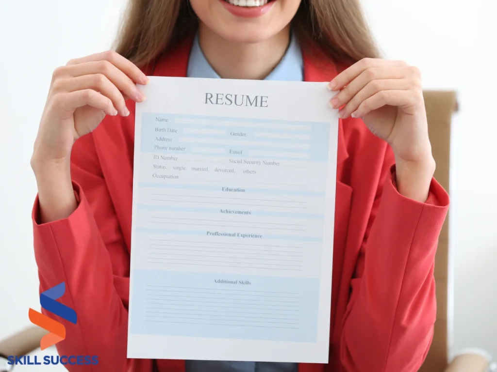 A woman displays her resume against a blue background, highlighting her professional qualifications and aspirations