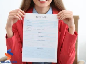 A woman displays her resume against a blue background, highlighting her professional qualifications and aspirations