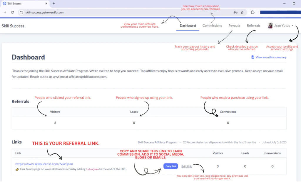 skill success affiliate dashboard from rewardful