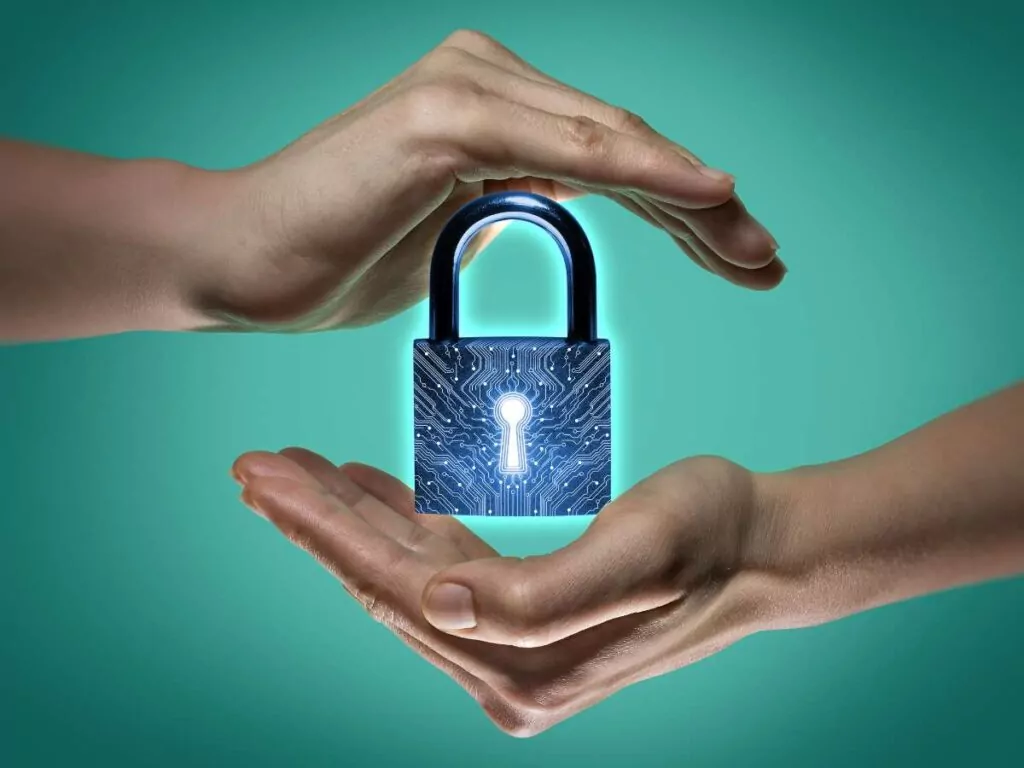 two hands and lock icon cybersecurity concept