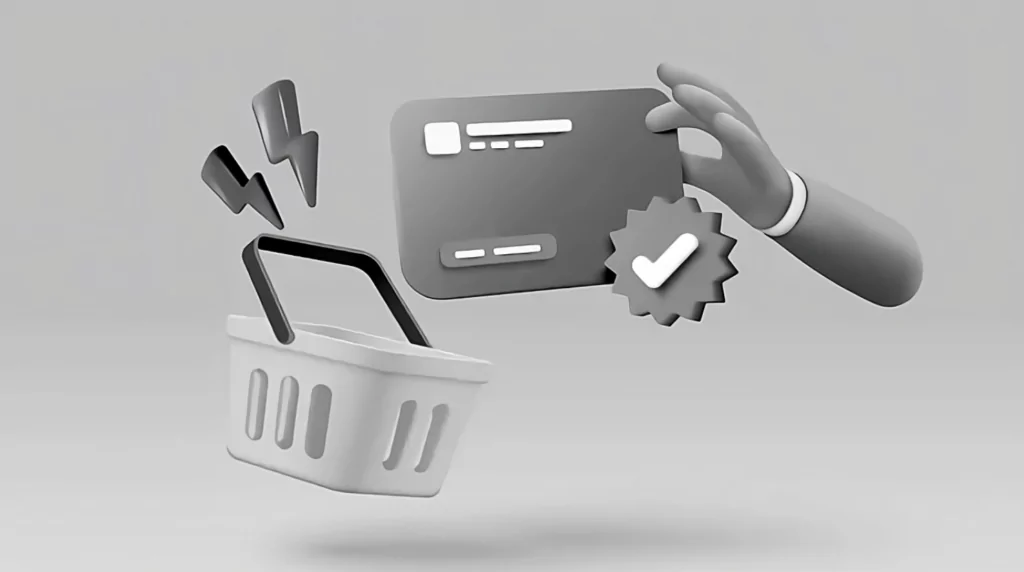 Shopping Basket and Credit Card with Verified Checkmark