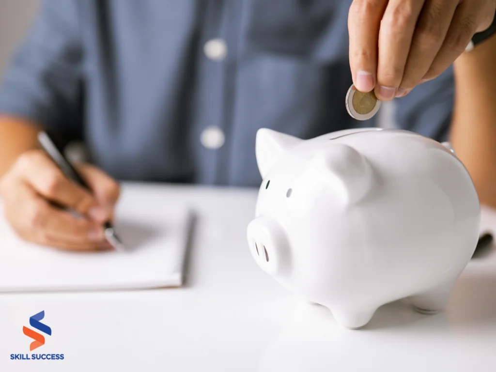 A person holding a piggy bank and a book, symbolizing saving money for retirement and improving financial literacy