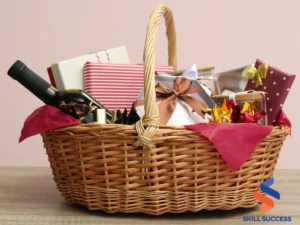 a christmas basket with wine and other christmas gifts for a team member