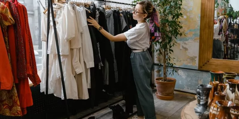 amazon merchant looking at clothes on rack